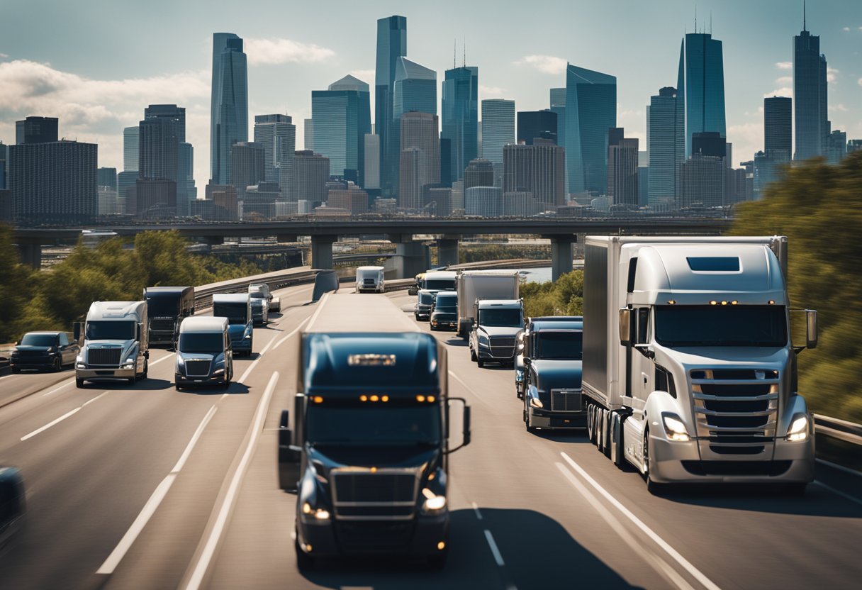 An electric semi truck navigating a busy highway, surrounded by other vehicles and with a city skyline in the background