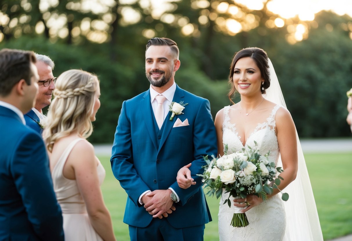A man stands beside a woman, symbolizing a brother giving his sister away at a wedding. They are surrounded by a sense of love and support