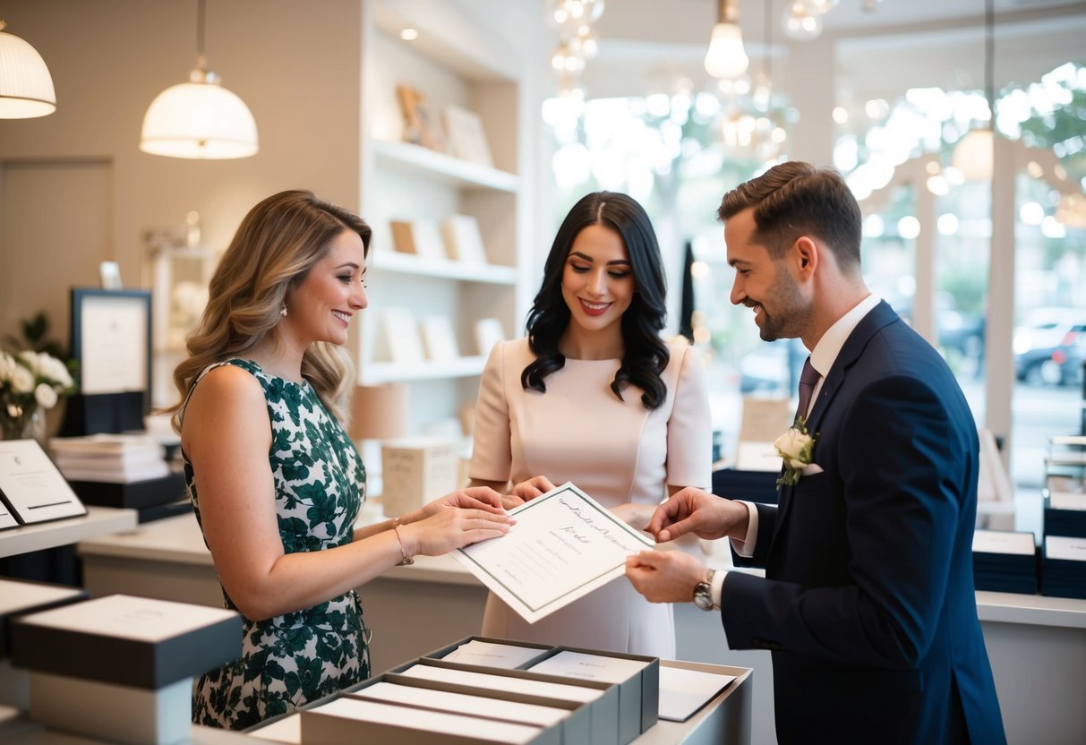 A couple comparing elegant and simple wedding invitation designs at a stationery shop