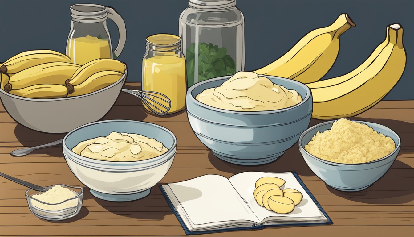 A bowl of mashed bananas sits next to a mixing bowl with ingredients. A recipe book is open to a page about substituting bananas for eggs