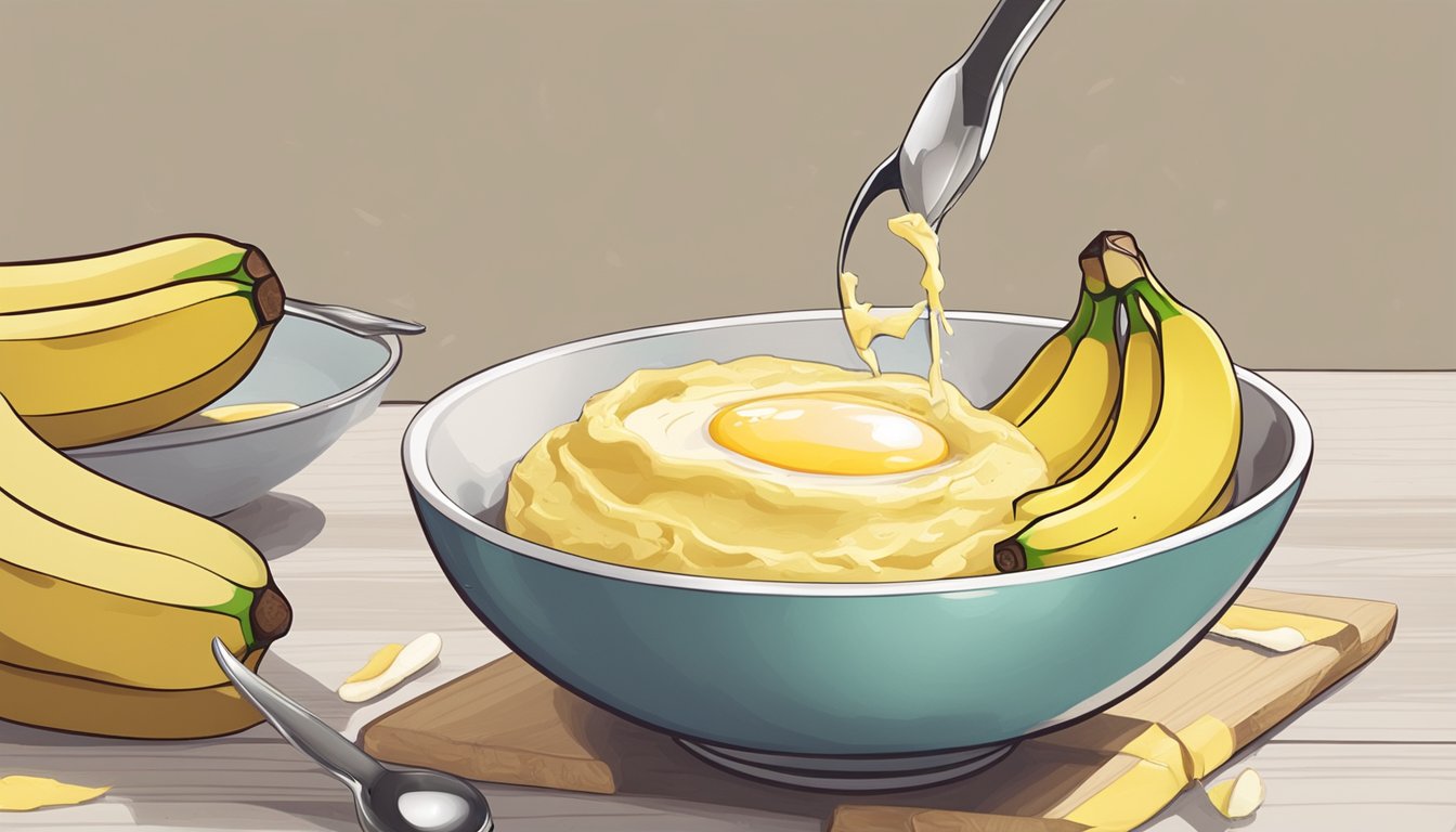 A bowl of mashed bananas next to a cracked egg, with a measuring spoon scooping out the banana to substitute for the eggs in a recipe