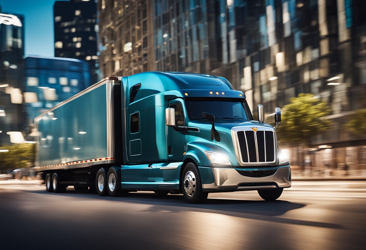 An electric semi truck navigating through a busy city street, with charging stations and renewable energy sources in the background