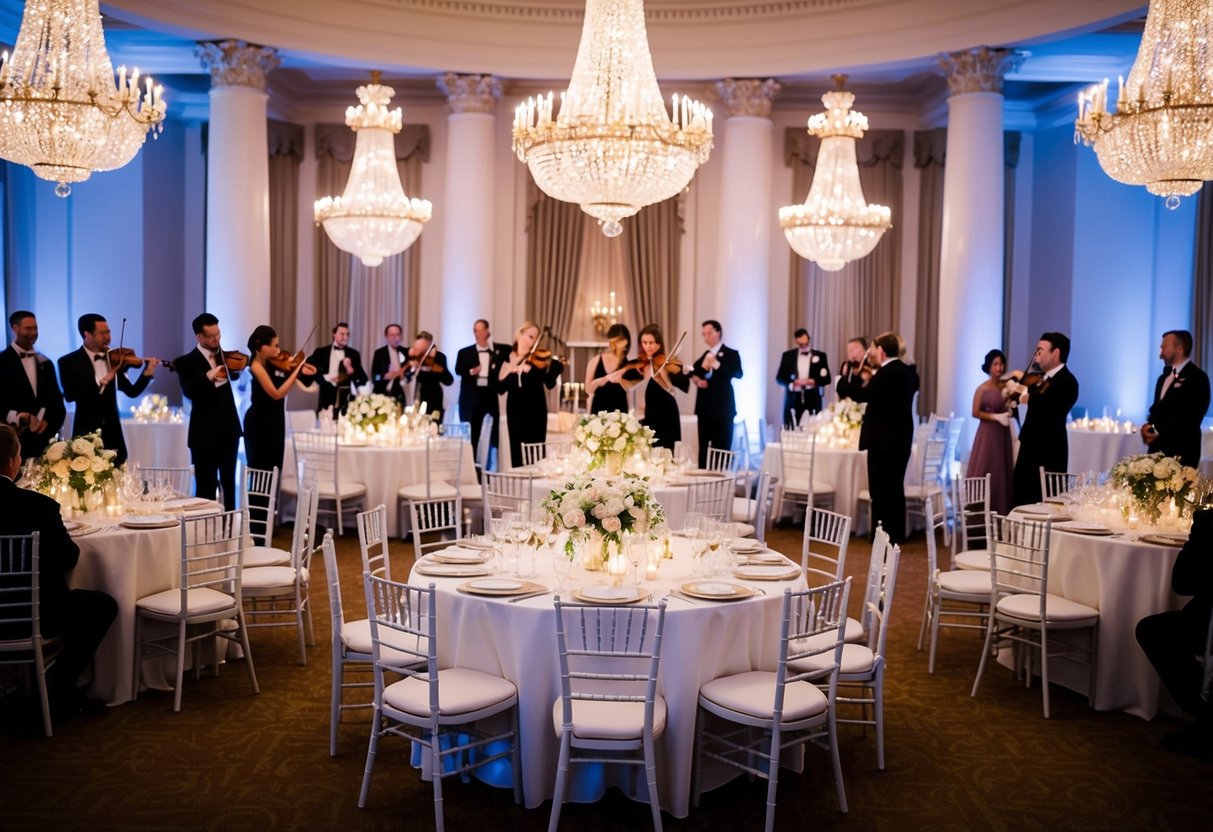 A grand ballroom with elegant chandeliers, white tablecloths, and floral centerpieces. A string quartet plays in the background as guests mingle and champagne flows