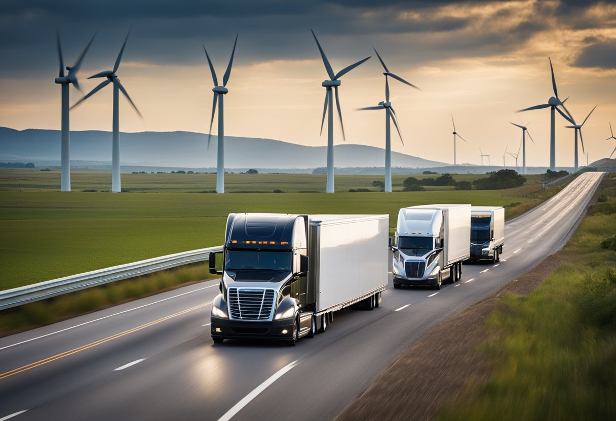 An electric semi truck navigating a highway with wind turbines in the background