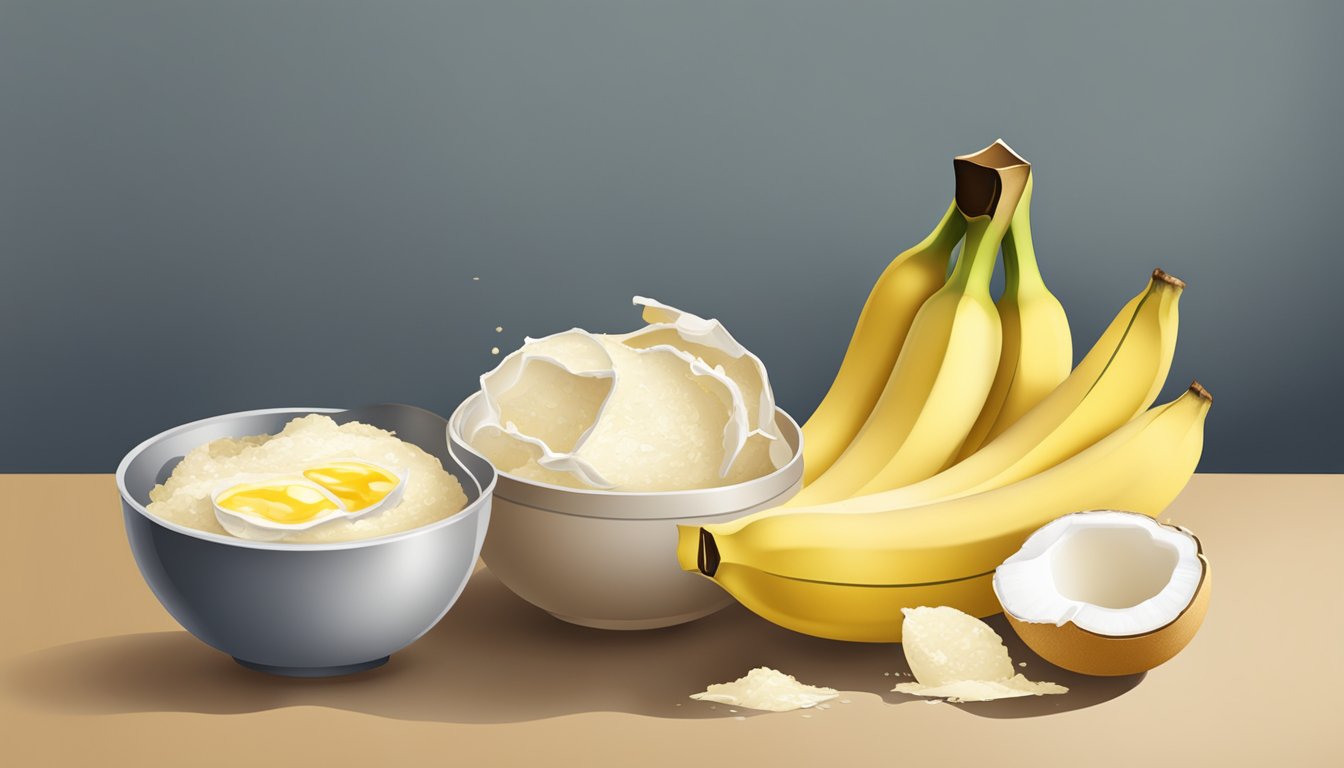 A bowl of mashed bananas next to a cracked eggshell