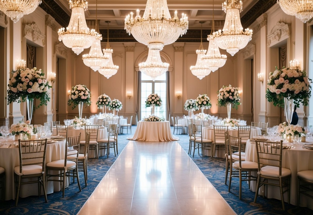 A grand ballroom adorned with elegant chandeliers, ornate decor, and luxurious floral arrangements