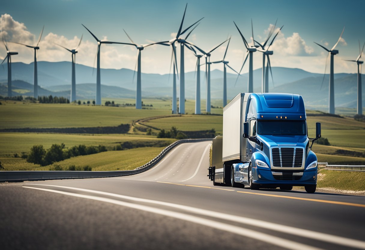 An electric semi truck driving down a highway with wind turbines in the background