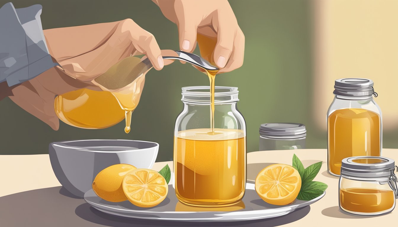 A person pouring monk fruit sweetener into a measuring spoon, with a jar of honey next to it