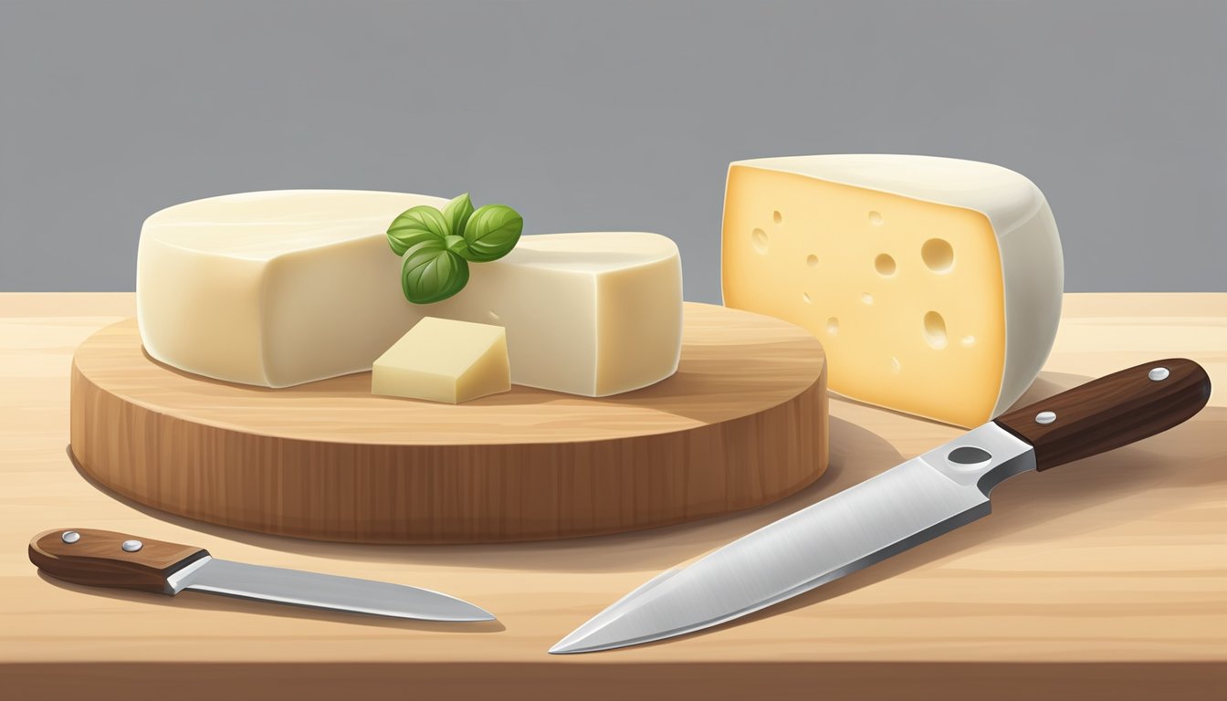 A block of mozzarella cheese next to a block of provolone cheese, with a measuring cup and a knife on a wooden cutting board