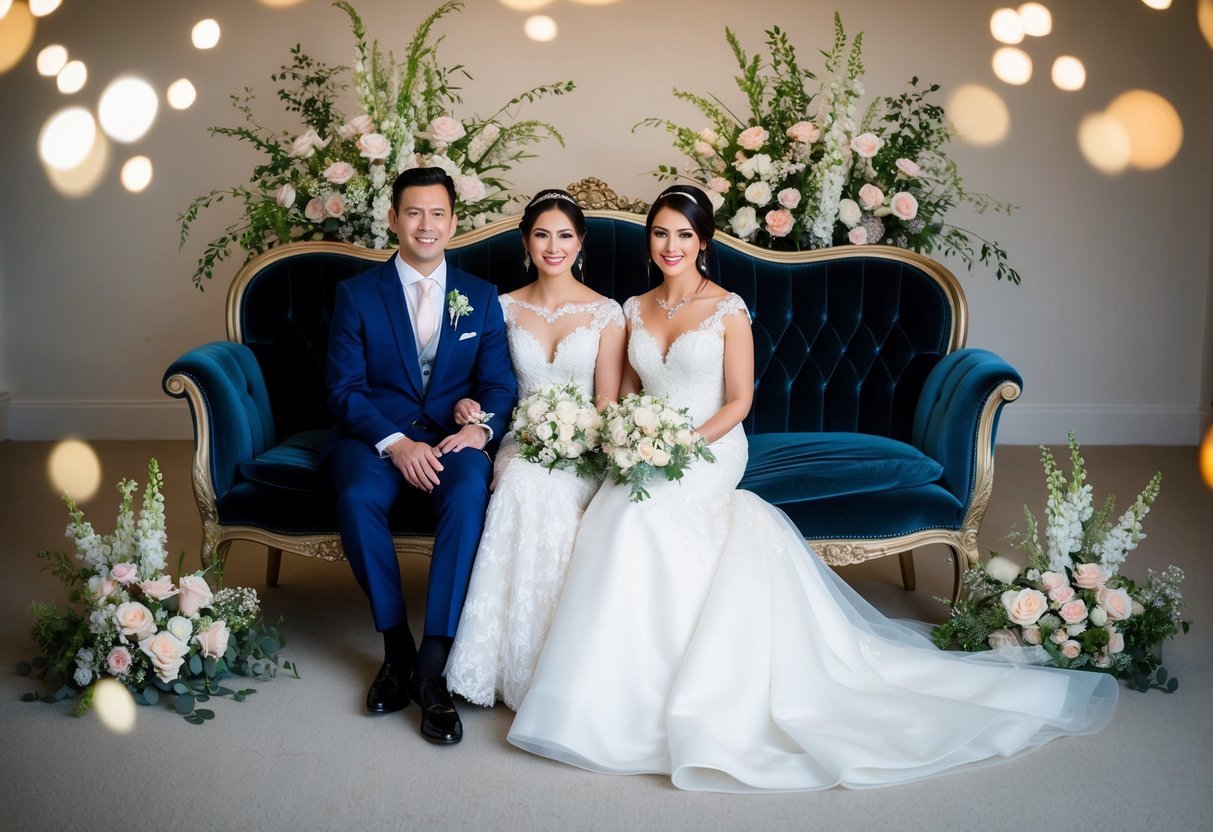 A bride and groom's elegant wedding attire arranged on a luxurious velvet settee, surrounded by delicate floral arrangements and sparkling jewelry