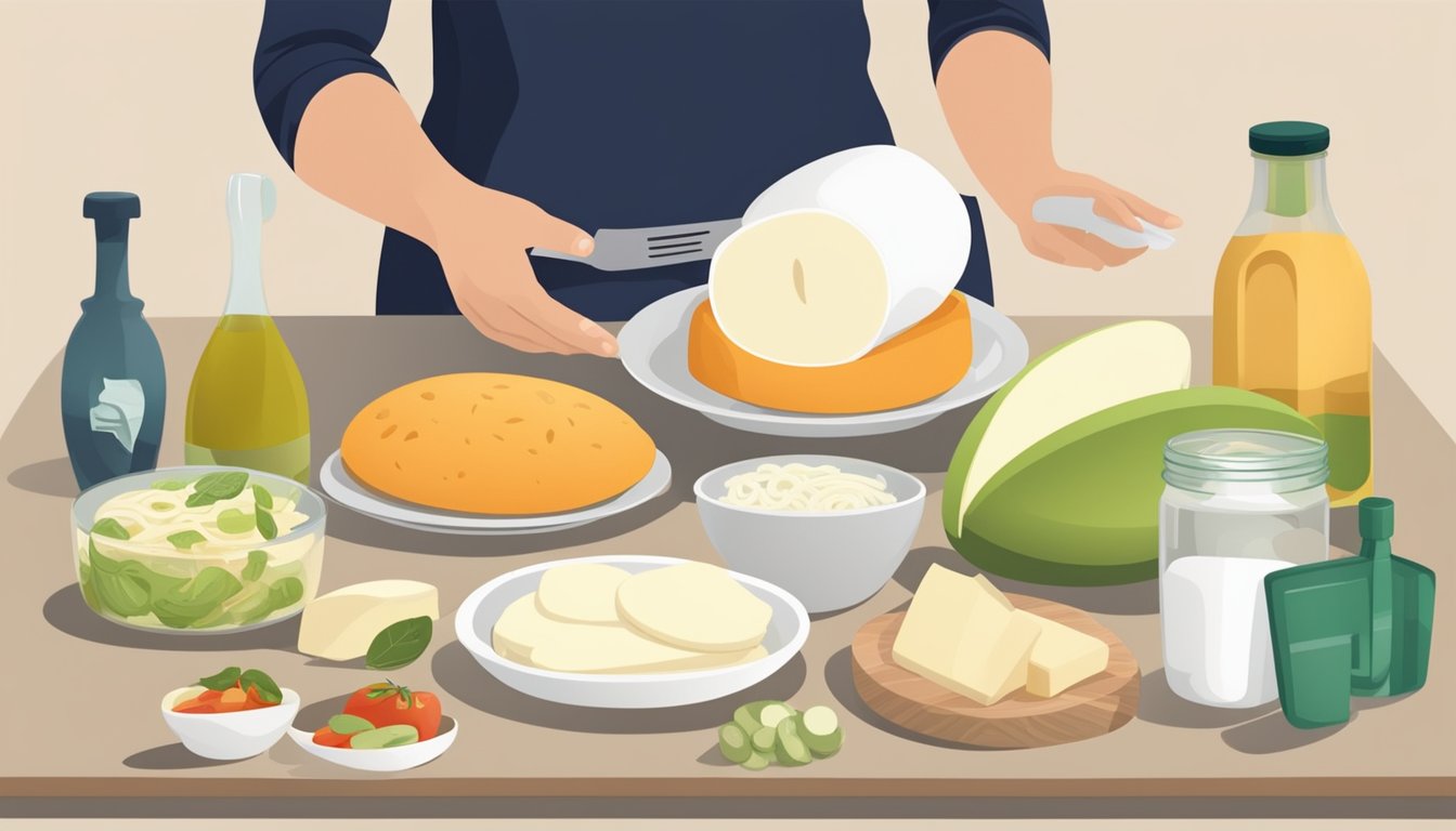 A person swapping mozzarella for provolone in a recipe, with various food items and labels indicating dietary restrictions and health considerations