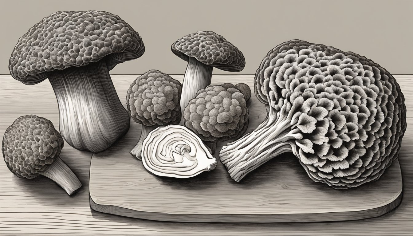 A hand reaching for a morel mushroom while a porcini mushroom sits nearby on a cutting board