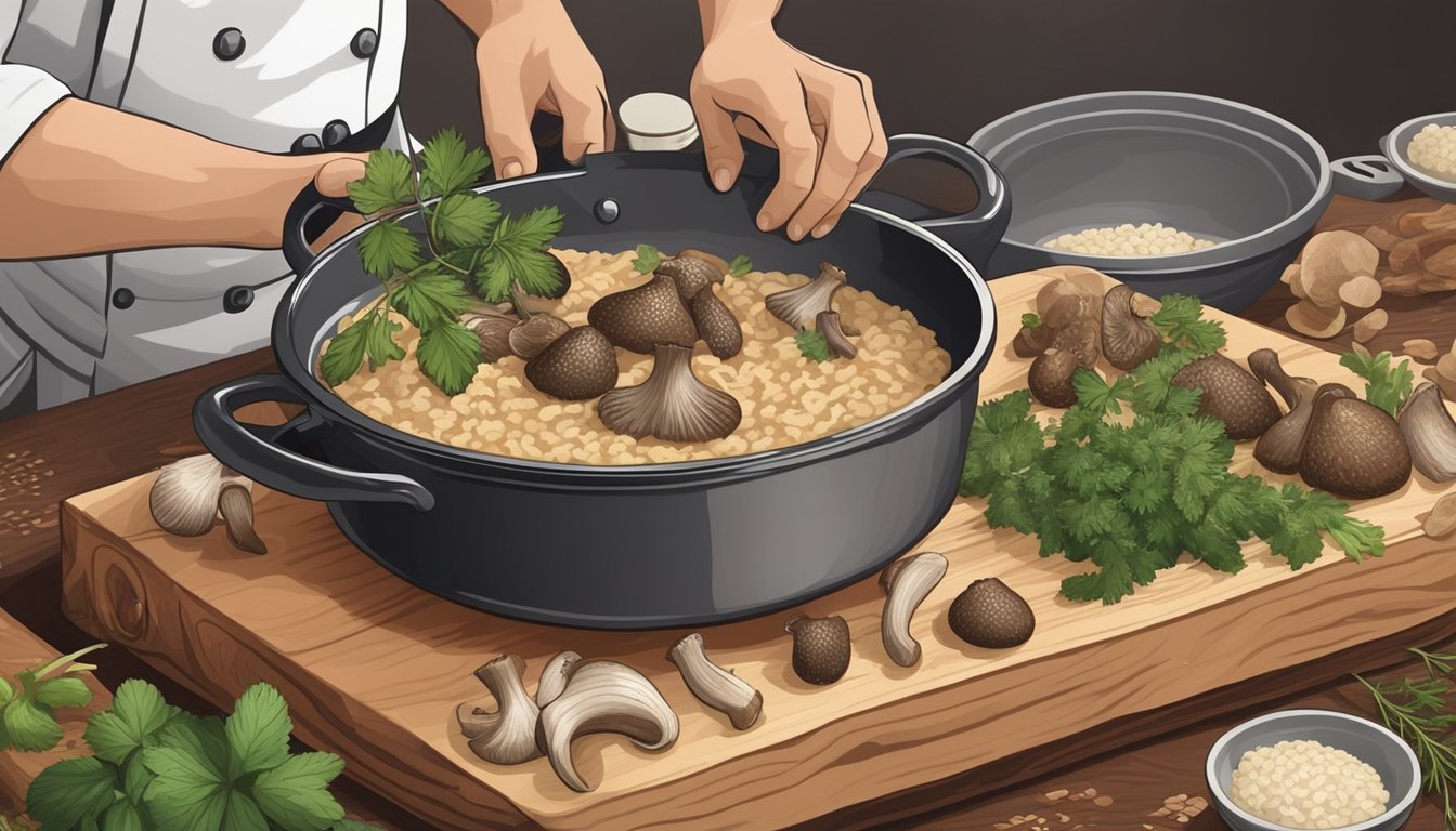 A chef swapping morel mushrooms for porcini in a simmering pot of risotto, surrounded by fresh herbs and other ingredients on a wooden cutting board