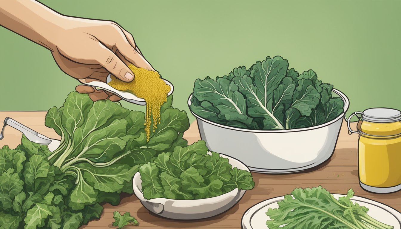 Mustard greens and collard greens side by side, with a hand reaching for the mustard greens. Ingredients and cooking utensils in the background