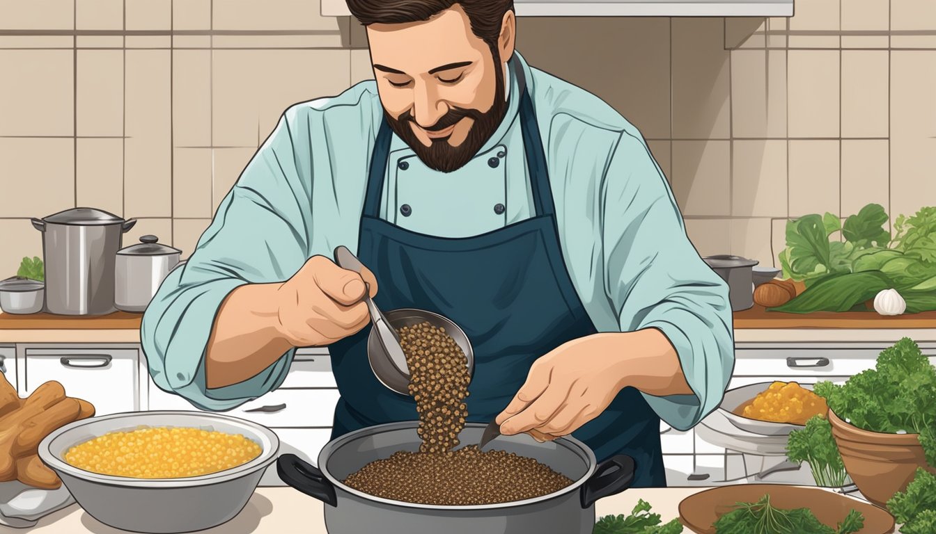 A chef sprinkles morel mushrooms into a pot of simmering broth, adjusting seasonings and flavor enhancers