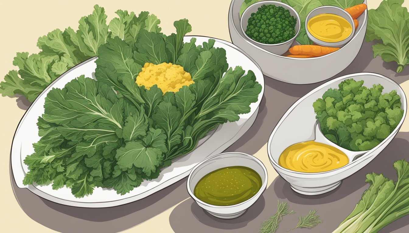 A bowl of cooked greens with a plate of raw mustard greens next to it, along with various other vegetables and herbs