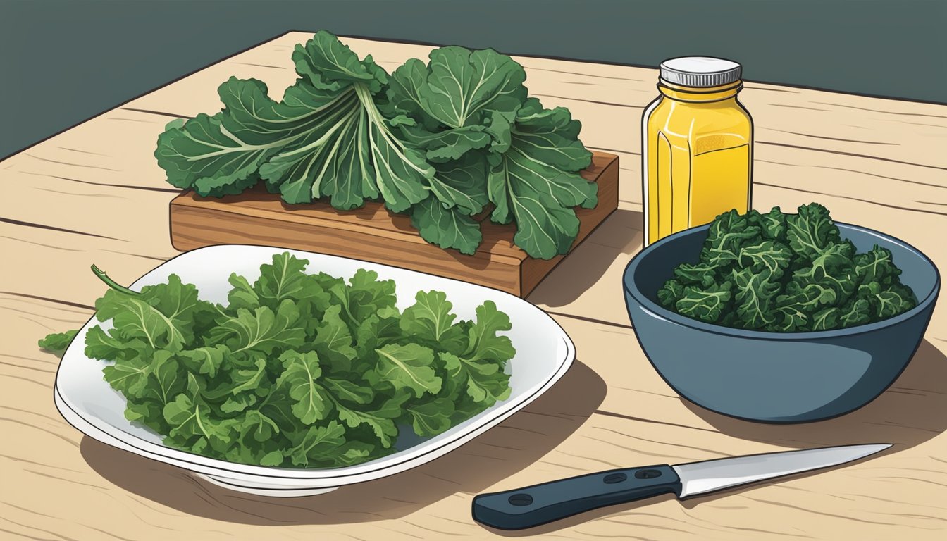 A kitchen counter with a cutting board, knife, and a bunch of mustard greens next to a bowl of collard greens