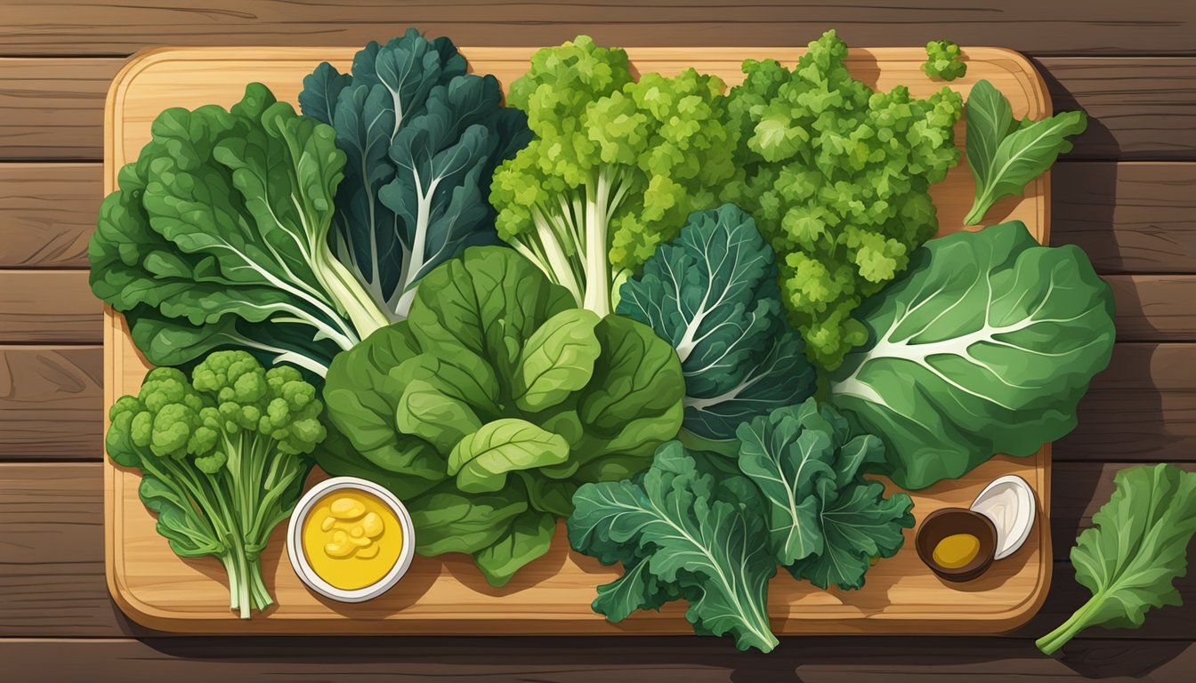 A colorful array of leafy greens, including mustard and collard greens, arranged on a wooden cutting board