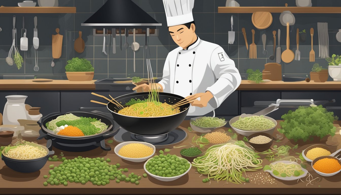 A chef swaps out soybean sprouts for mung bean sprouts in a sizzling wok, surrounded by various cooking utensils and ingredients