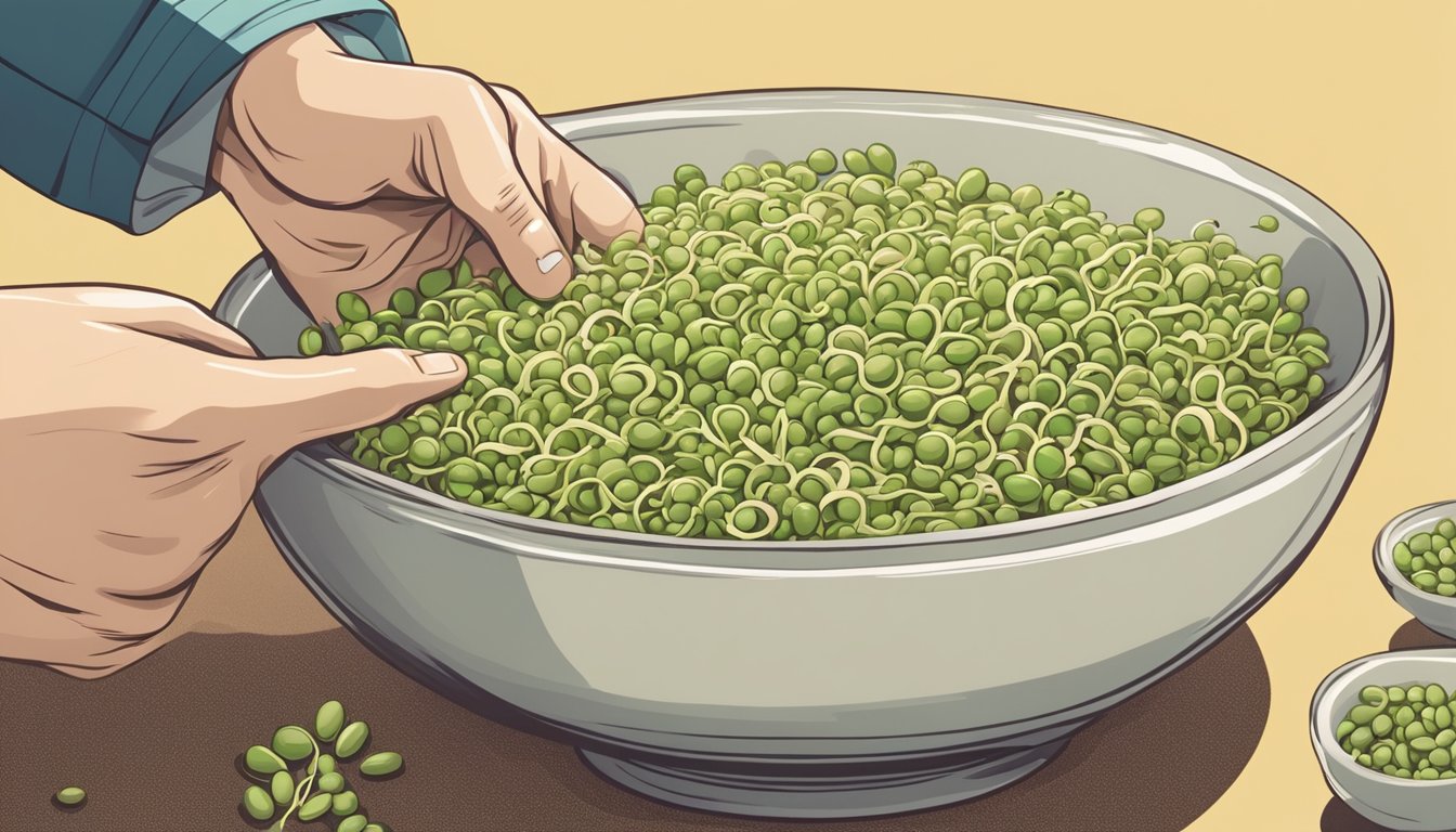 Mung bean sprouts and soybean sprouts in separate bowls, with a hand reaching for the mung bean sprouts