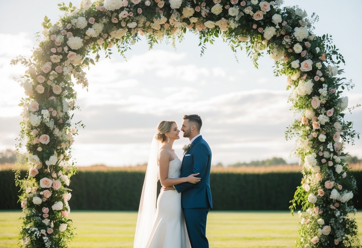 A couple stands under a floral-covered wedding arch