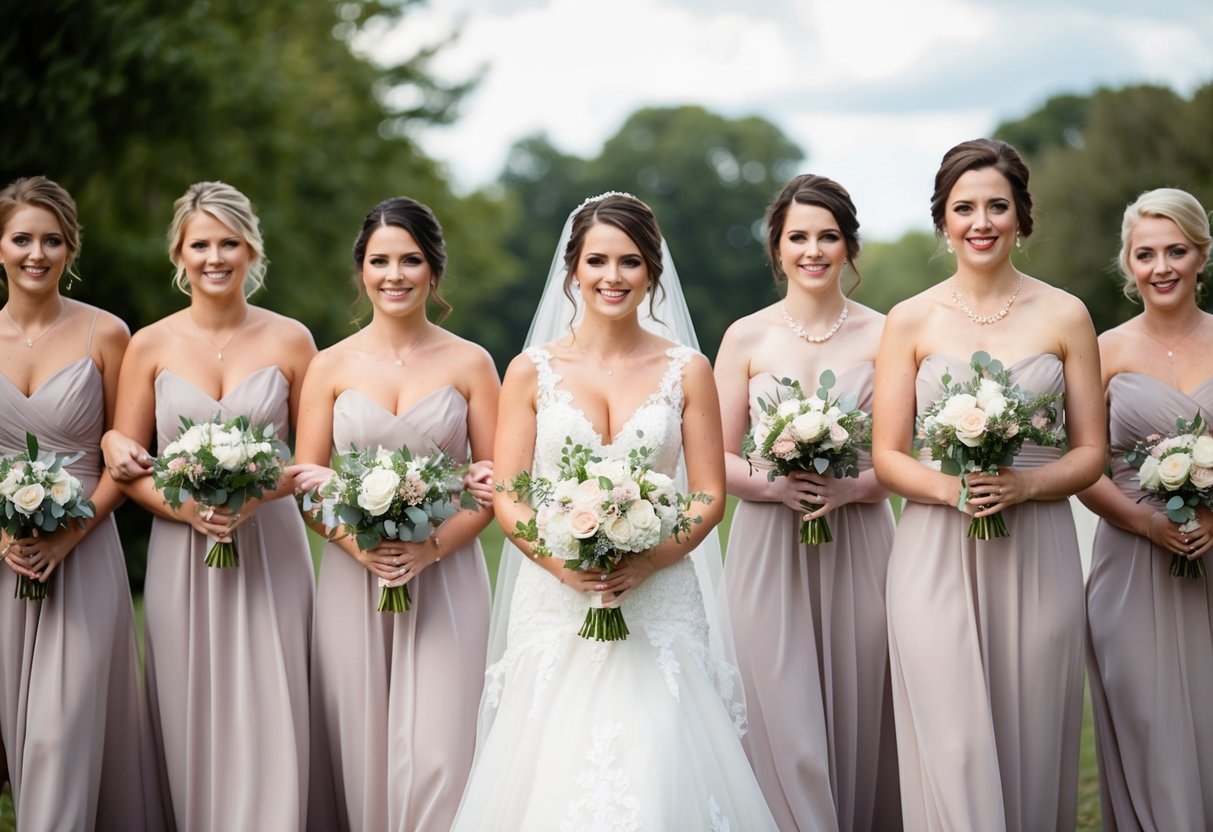 Bridesmaids walk ahead of the bride, holding bouquets, as they make their way down the aisle