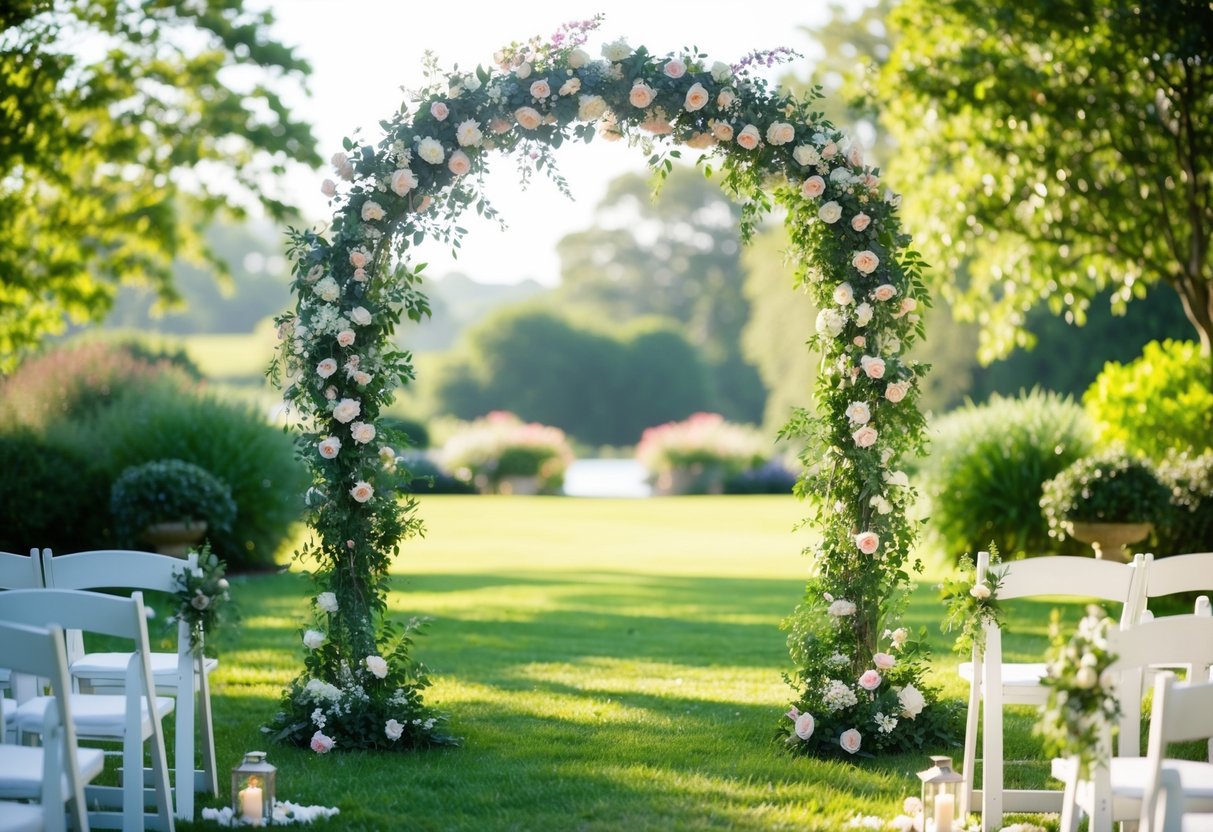 A floral-covered wedding arch stands in a sunlit garden, framing a serene outdoor ceremony space