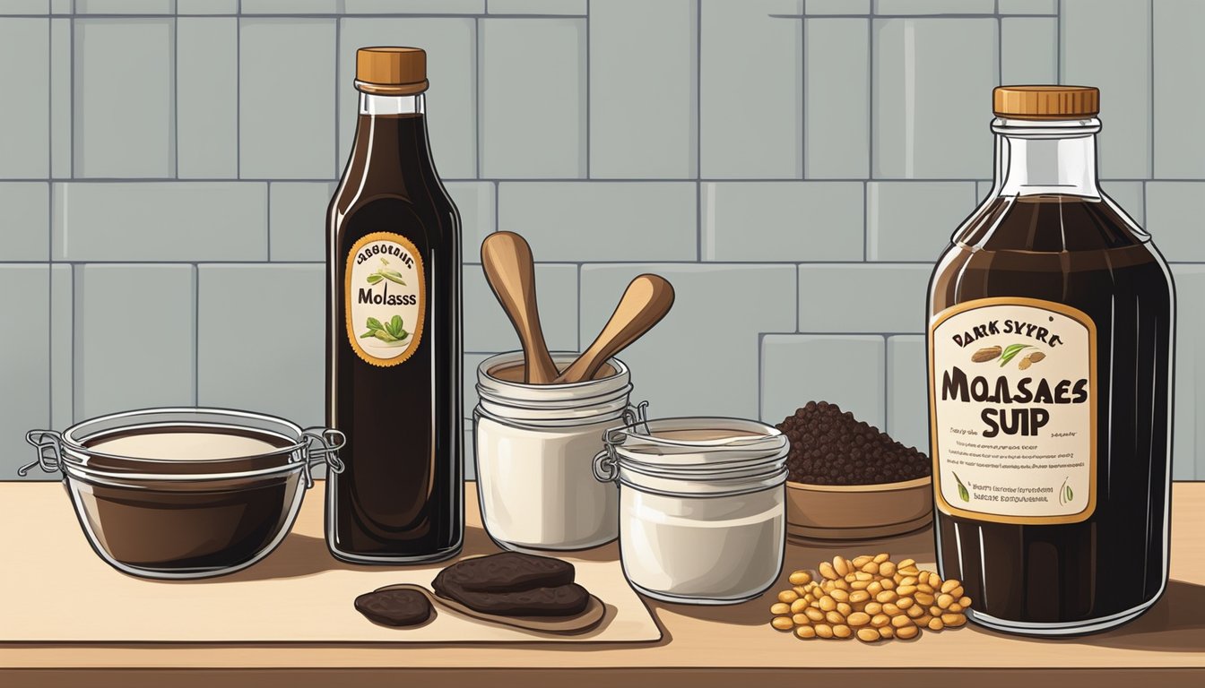 A jar of molasses and a bottle of dark corn syrup sit side by side on a kitchen counter, surrounded by various baking ingredients and utensils