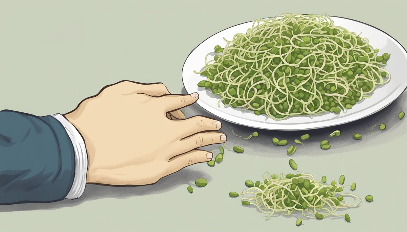 A hand reaching for mung bean sprouts next to a dish of soybean sprouts, with a thought bubble showing the mung bean sprouts as a substitute