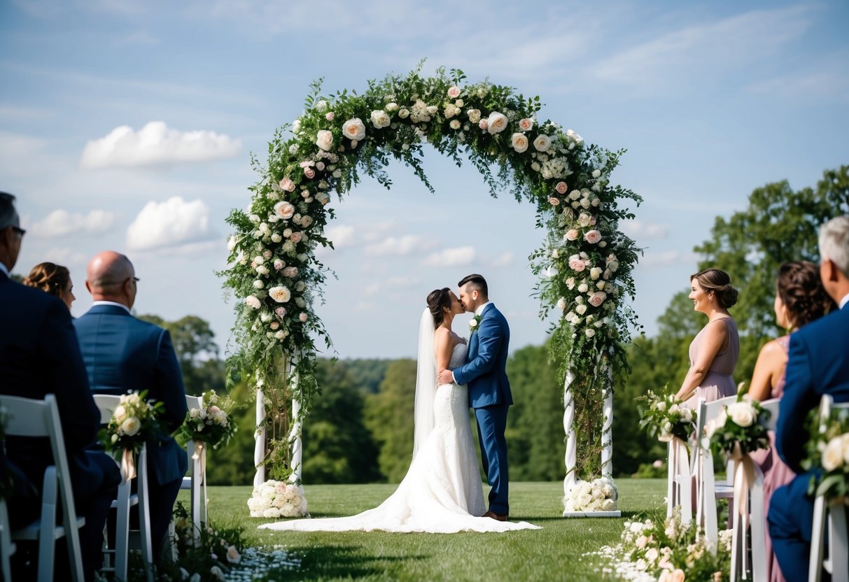 A decorative wedding arch stands adorned with flowers and greenery, serving as the focal point for the marriage ceremony
