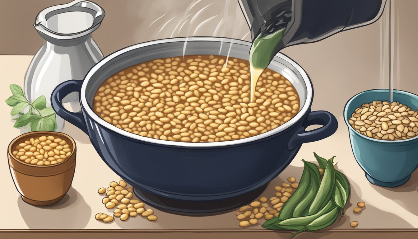 A bowl of navy beans being poured into a pot of simmering soup, with a bag of great northern beans sitting nearby