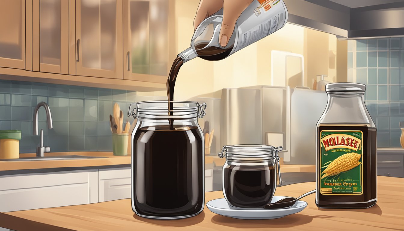 A jar of molasses being poured into a measuring cup, next to a bottle of dark corn syrup on a kitchen counter