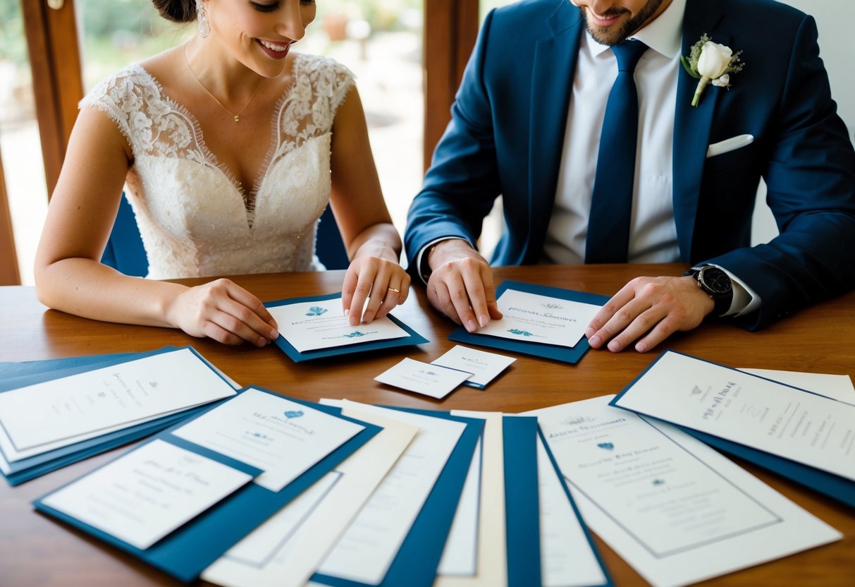 A couple sitting at a table, selecting wedding invitation designs from a variety of options spread out in front of them