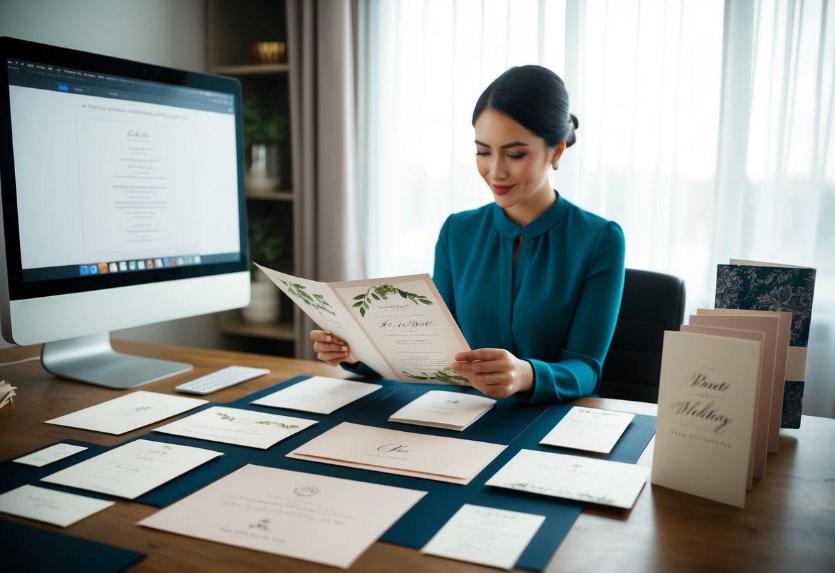 A person browsing through a variety of elegant wedding invitation designs, sitting at a desk with a computer and various stationery samples spread out in front of them