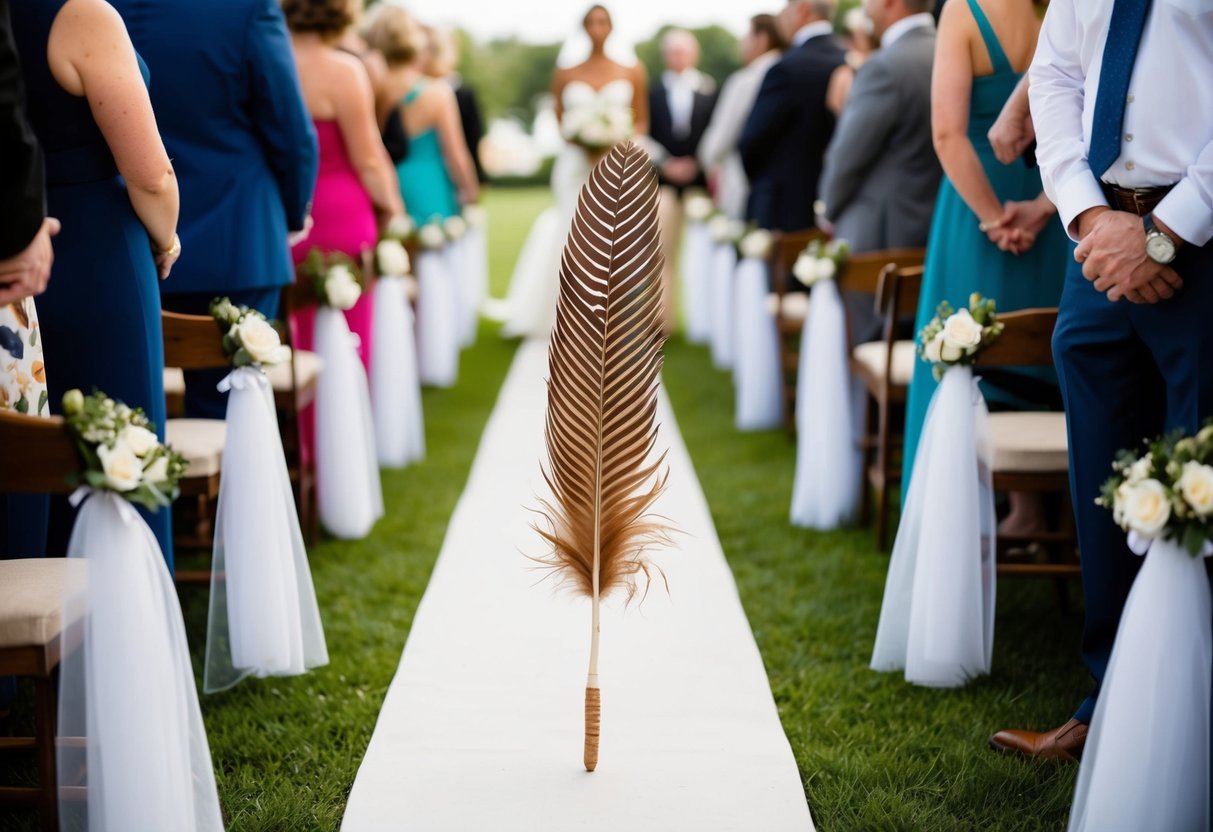 Many brides walk down the aisle holding a single, large, decorative feather instead of a bouquet