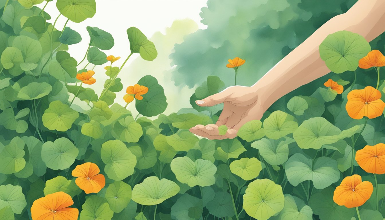 A garden scene with a variety of green leaves, including nasturtium leaves, and a hand reaching for them