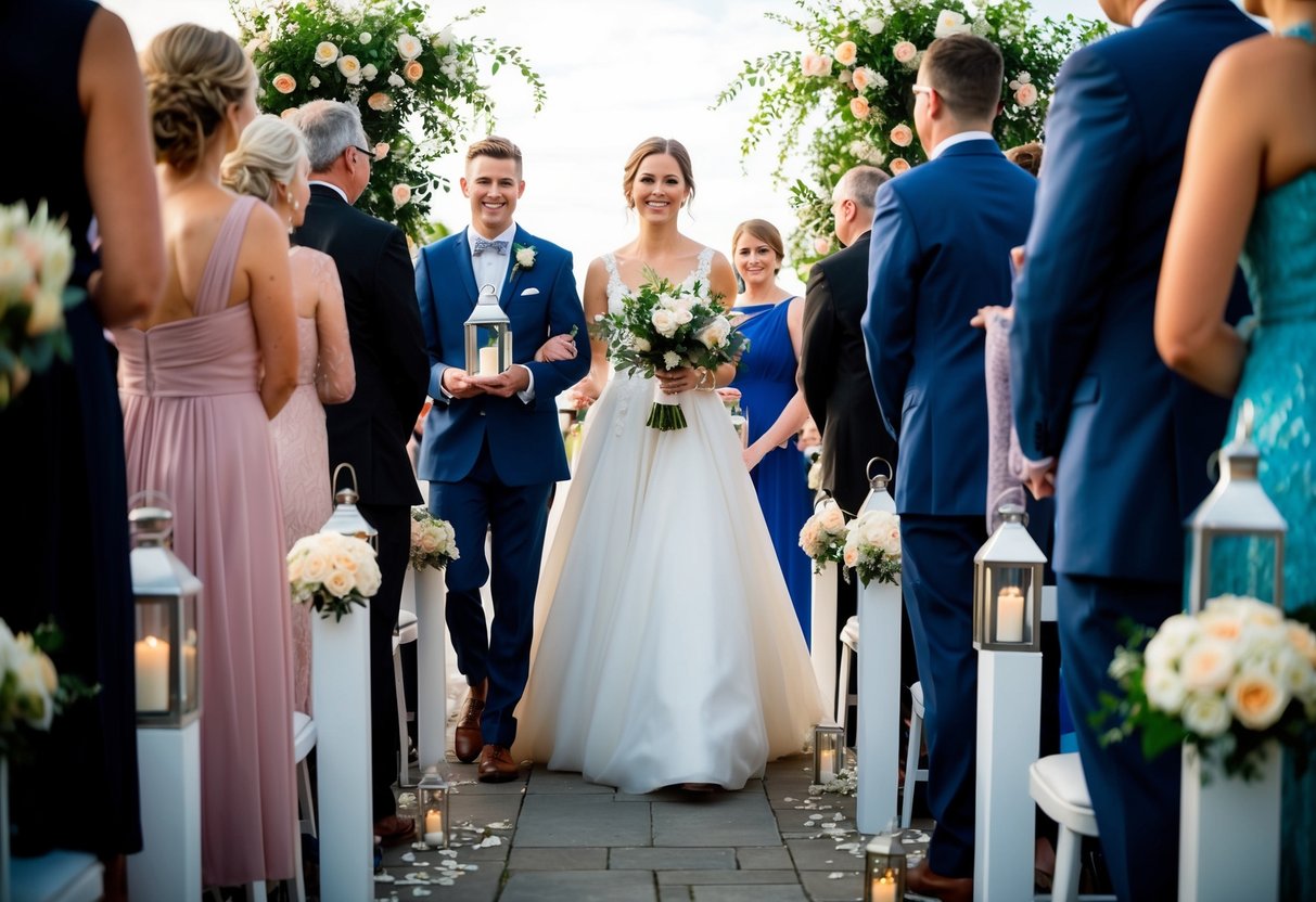 Brides walk down the aisle holding lanterns instead of bouquets
