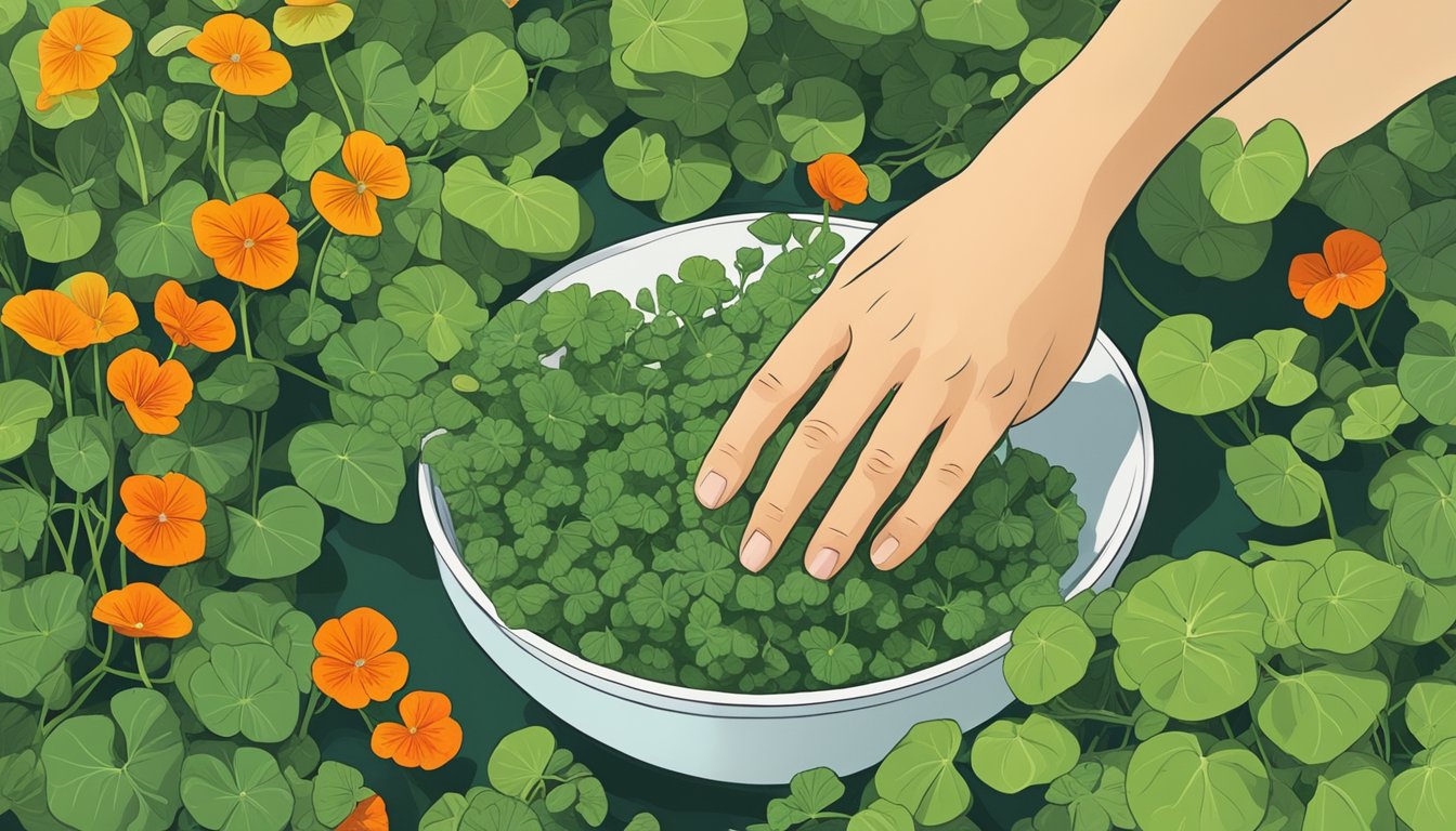 A hand picking vibrant nasturtium leaves from a garden, with a bowl of watercress nearby for comparison