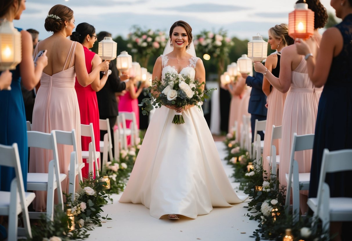 Brides walking down the aisle holding lanterns or decorative fans instead of a bouquet