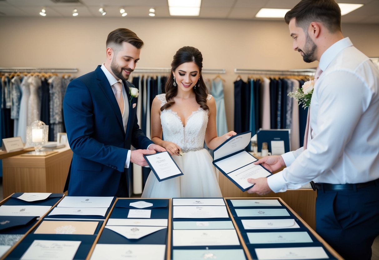 A bride and groom browsing through a variety of wedding invitation designs at a stationery store, discussing options with a salesperson