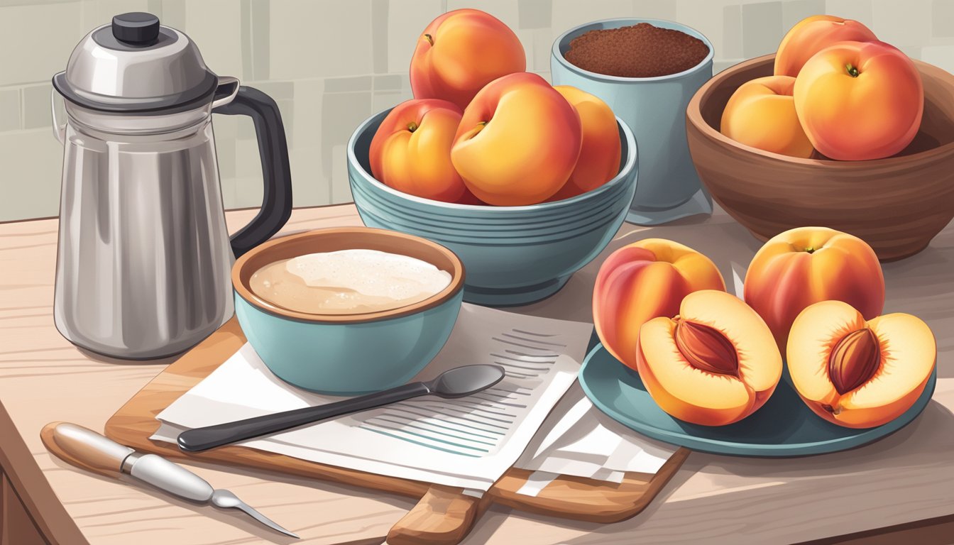 Sliced nectarines arranged on a cutting board next to a bowl of sugar and a measuring cup, with a recipe book open to a page on peach substitutions