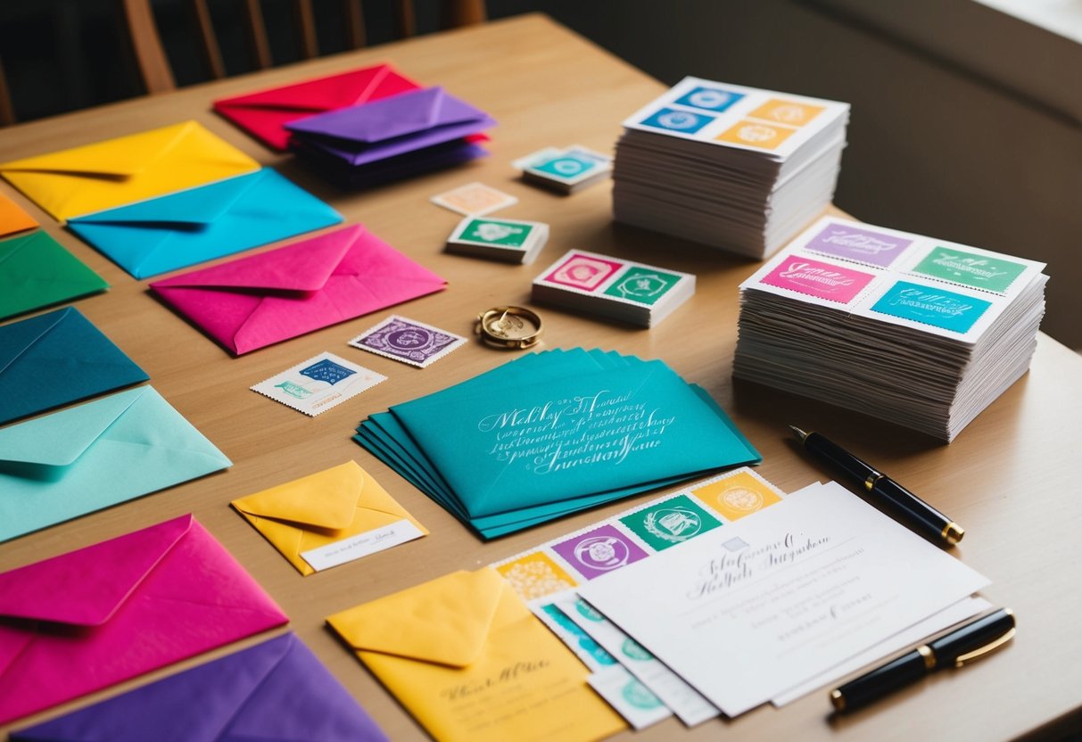 A table scattered with colorful envelopes, stamps, and calligraphy pens. A stack of completed invitations sits nearby, ready to be sent