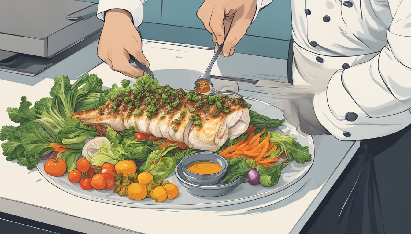 A chef placing a beautifully plated dish of monkfish on a bed of vibrant vegetables and drizzling it with a rich, savory sauce