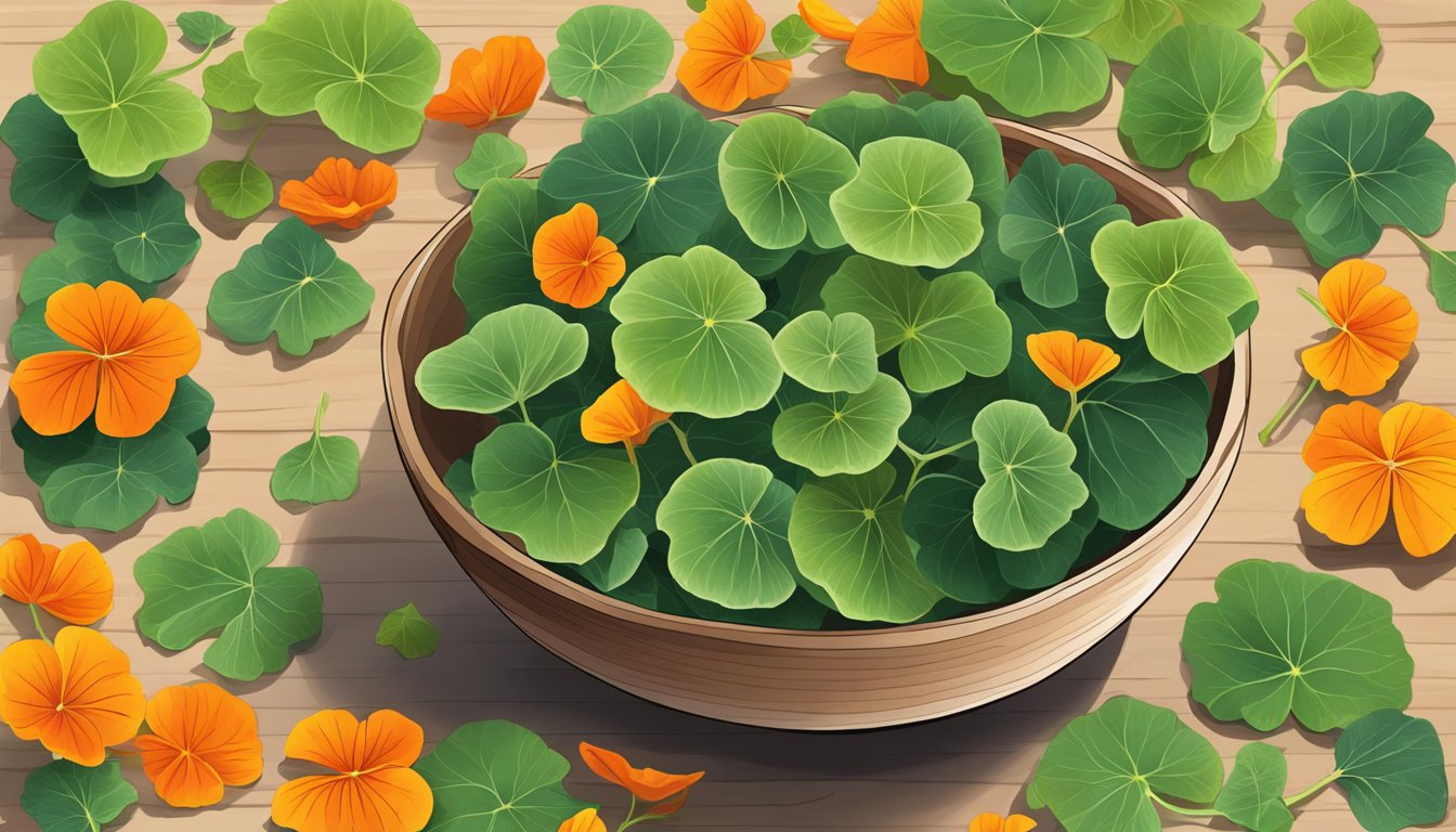 Vibrant nasturtium leaves arranged in a bowl, with a few scattered on a wooden cutting board