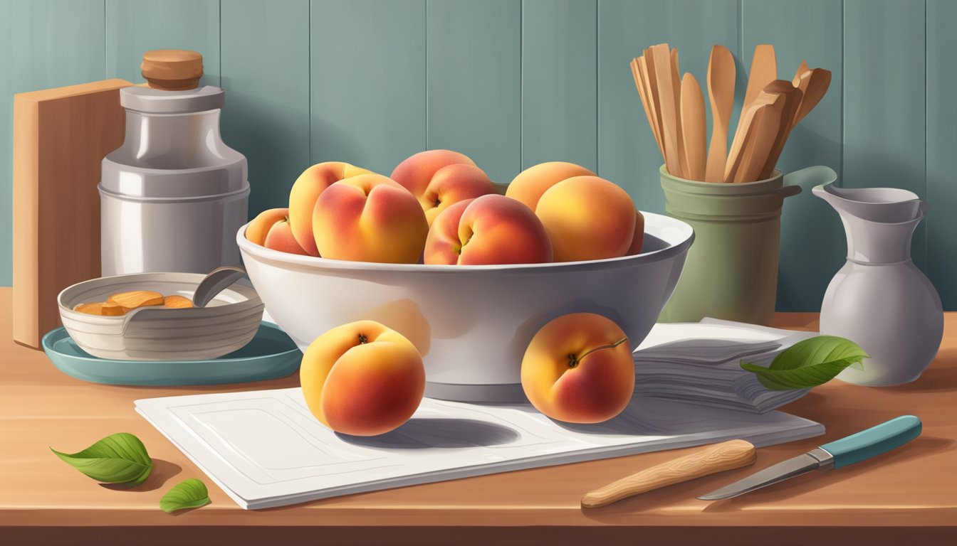 A bowl of nectarines next to a cutting board with sliced peaches, surrounded by various baking ingredients and recipe books