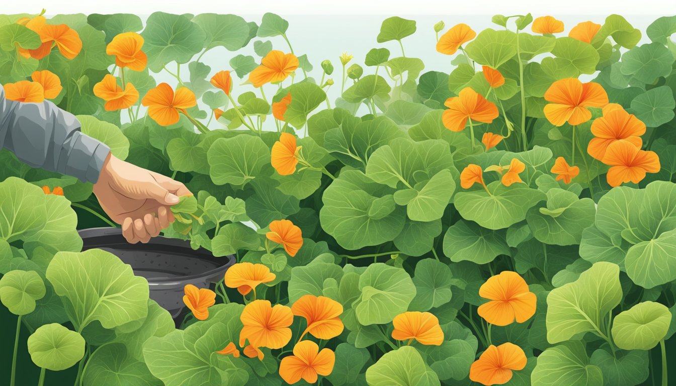 A chef plucks vibrant nasturtium leaves from a garden, then adds them to a salad in place of watercress