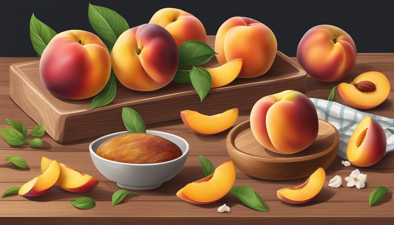 Ripe nectarines and peaches side by side on a wooden cutting board, surrounded by scattered recipe ingredients