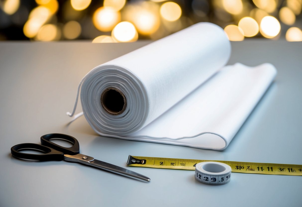 A roll of white fabric unraveled on a flat surface, with a pair of scissors and a measuring tape nearby