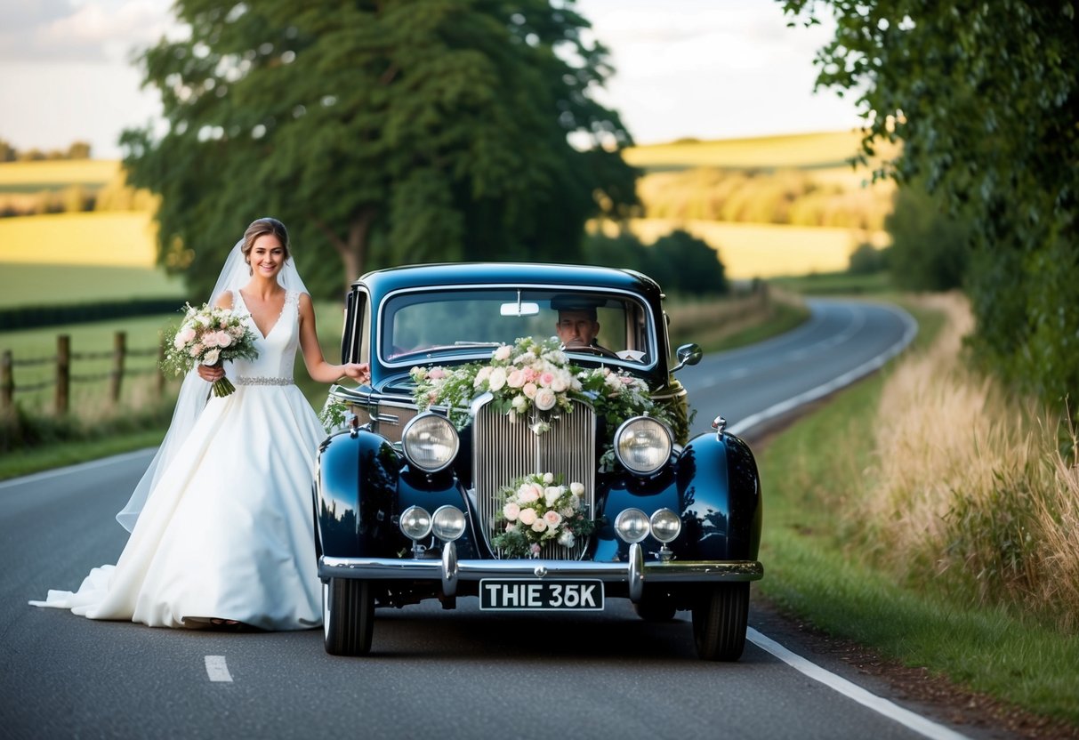 A vintage car adorned with flowers drives the bride through a scenic countryside