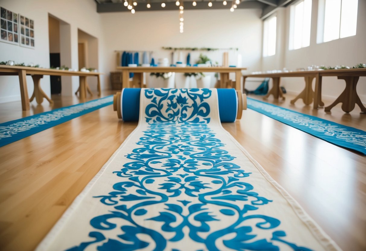 Aisle runner being painted with intricate designs and patterns on a long roll of fabric in a bright and spacious crafting studio